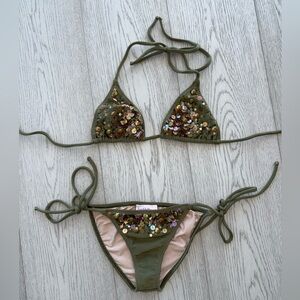 Tara Matthews Beaded Embellished Olive Bikini Set, XS